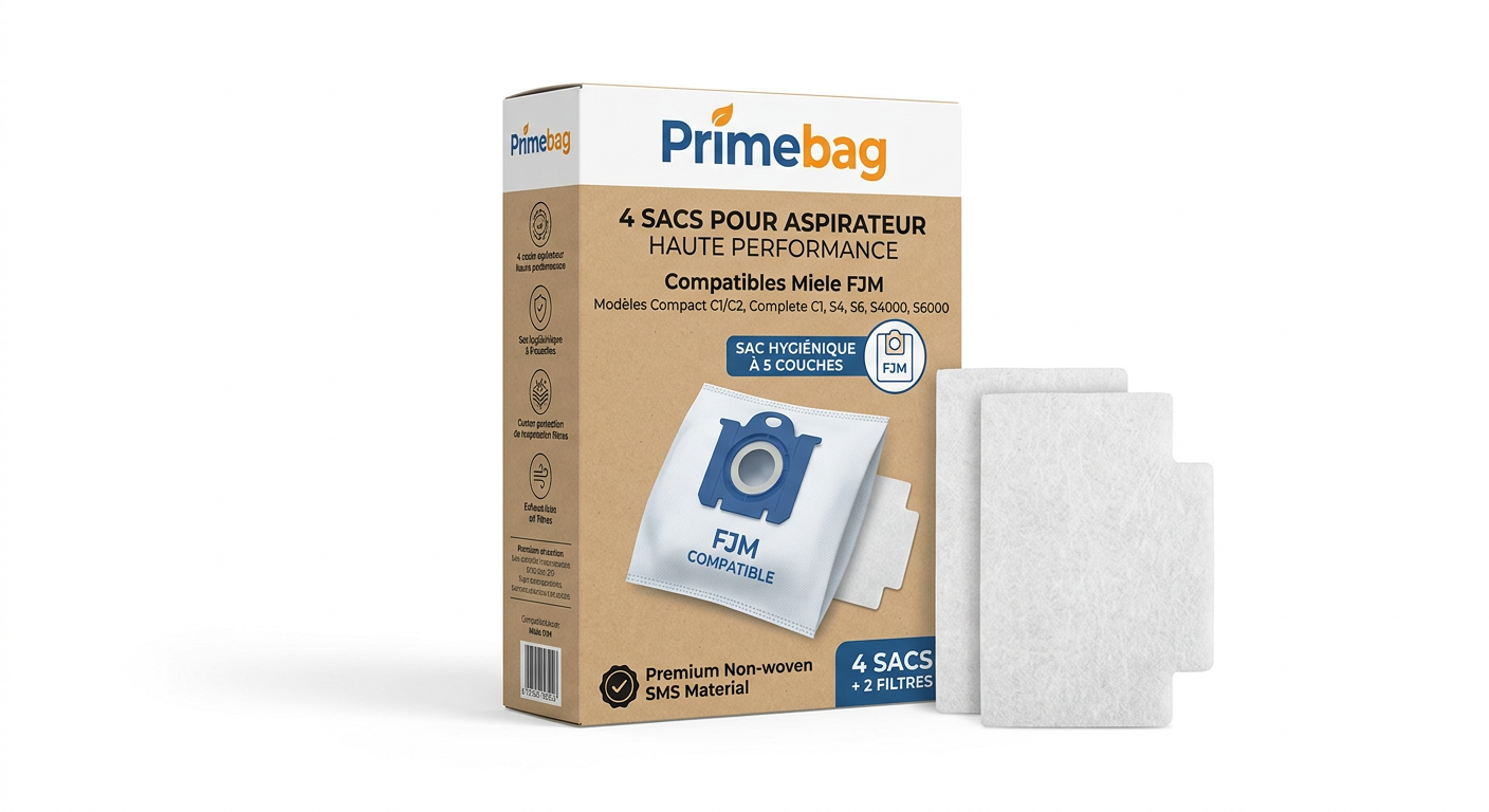 Primebag 4 sacs pour aspirateur compatibles Miele FJM (Compact C1/C2, Complete C1, S4, S6, S4000, S6000) + 2 filtres